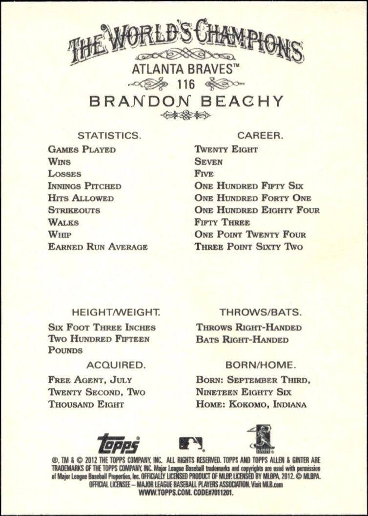 2012 Topps Allen & Ginter Brandon Beachy #116 baseball trading card back