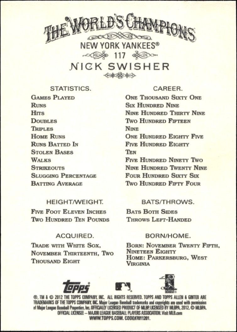 2012 Topps Allen & Ginter Nick Swisher #117 baseball trading card back