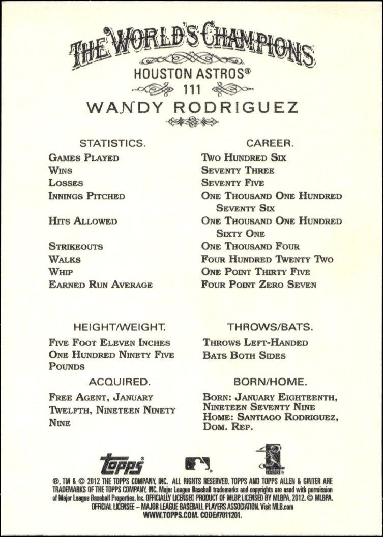 2012 Topps Allen & Ginter Wandy Rodriguez #111 baseball trading card back