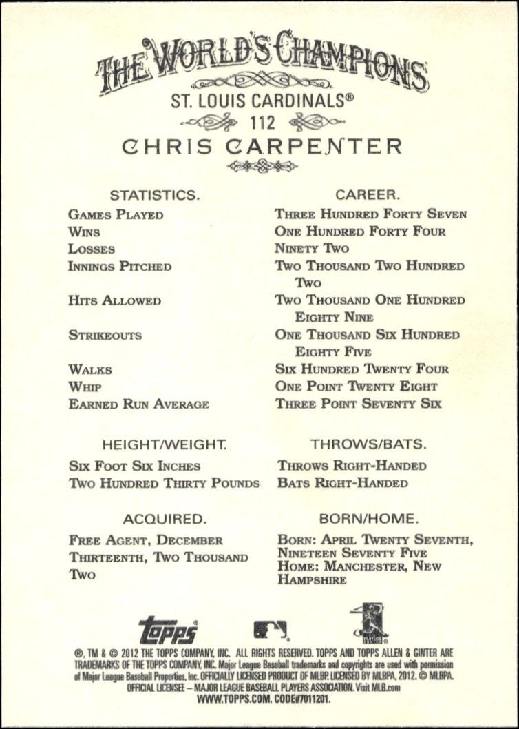 2012 Topps Allen & Ginter Chris Carpenter #112 baseball trading card back