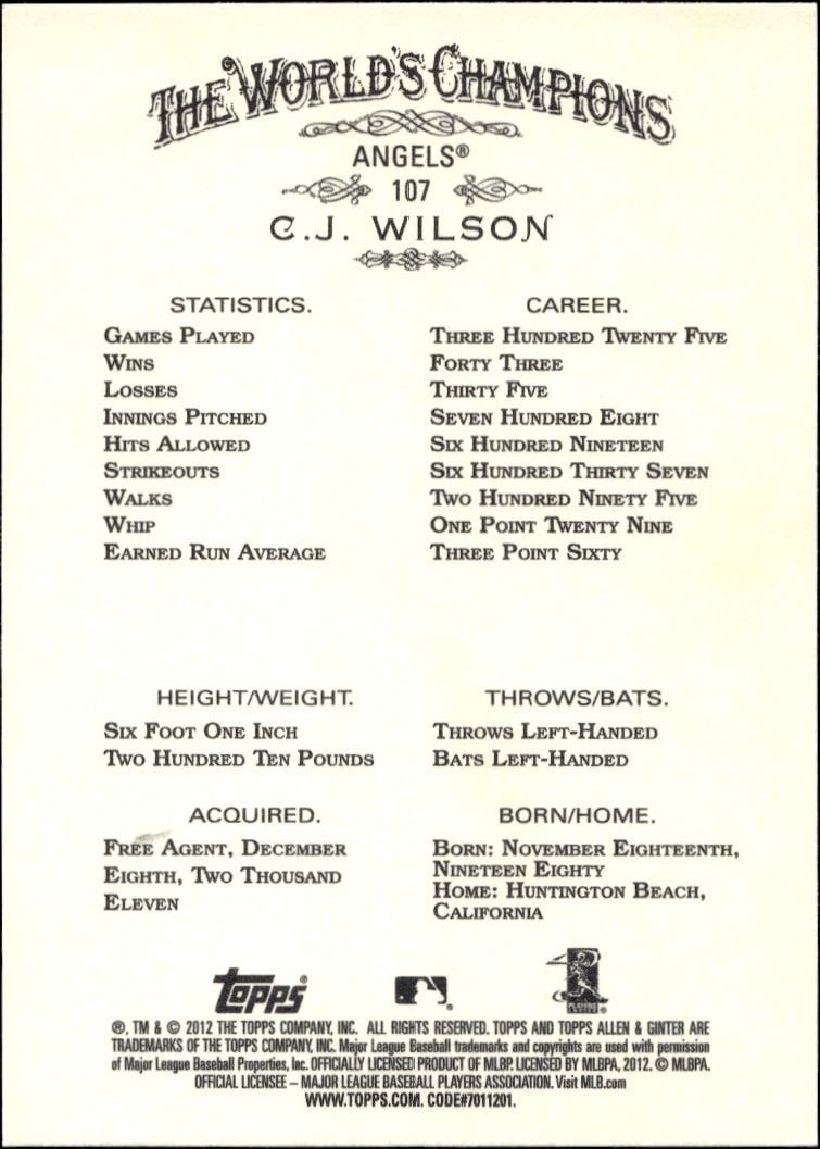 2012 Topps Allen & Ginter C.J. Wilson #107 baseball trading card back