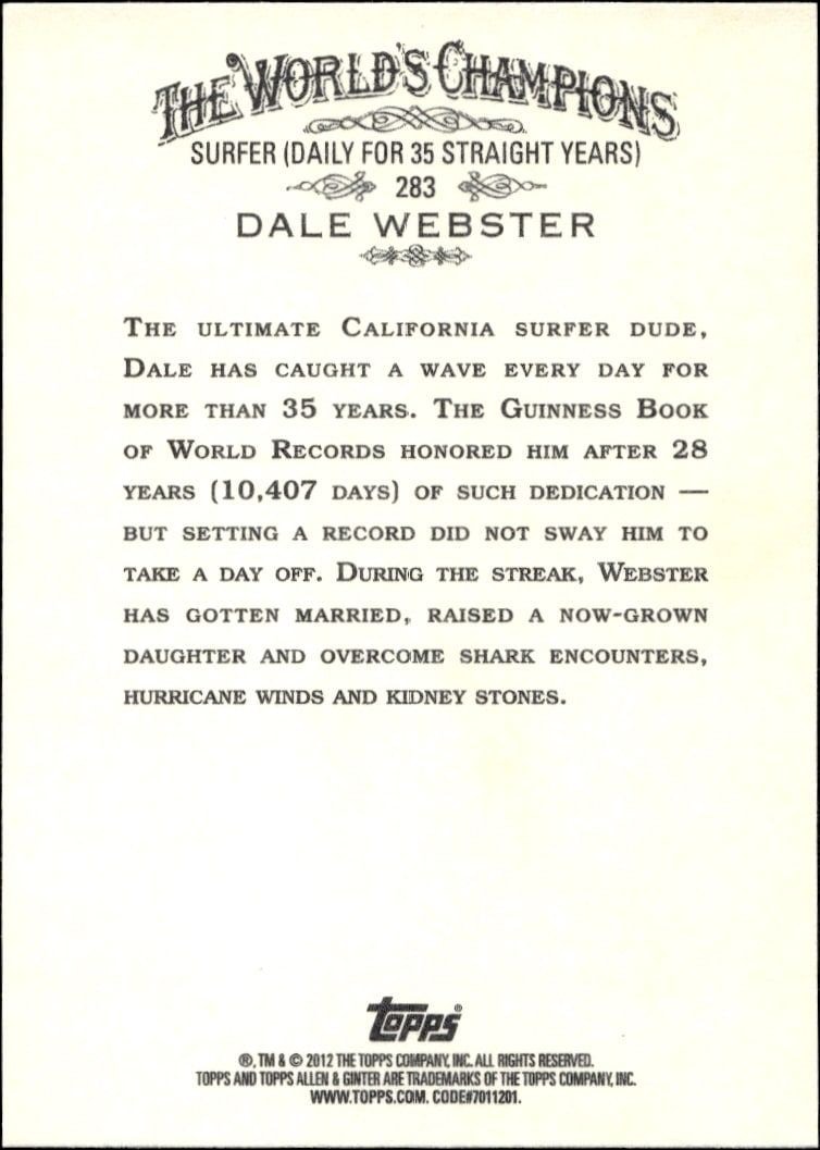 2012 Topps Allen & Ginter Dale Webster #283 baseball trading card back