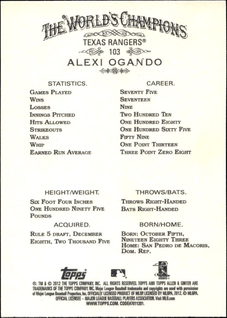 2012 Topps Allen & Ginter Alexi Ogando #103 baseball trading card back