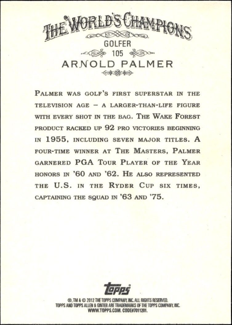 2012 Topps Allen & Ginter Arnold Palmer #105 baseball trading card back