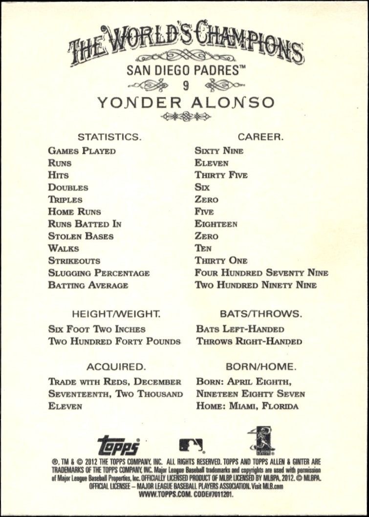 2012 Topps Allen & Ginter Yonder Alonso #9 baseball trading card back