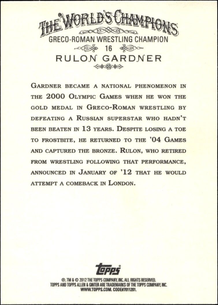 2012 Topps Allen & Ginter Rulon Gardner #16 baseball trading card back
