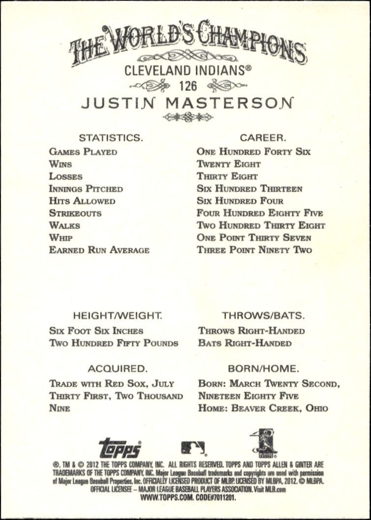 2012 Topps Allen & Ginter Justin Masterson #126 baseball trading card back