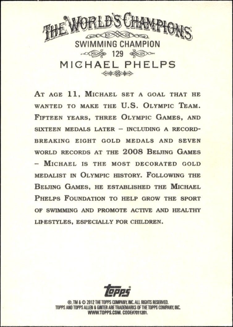 2012 Topps Allen & Ginter Michael Phelps #129 baseball trading card back