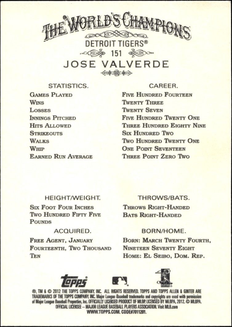 2012 Topps Allen & Ginter Jose Valverde #151 baseball trading card back