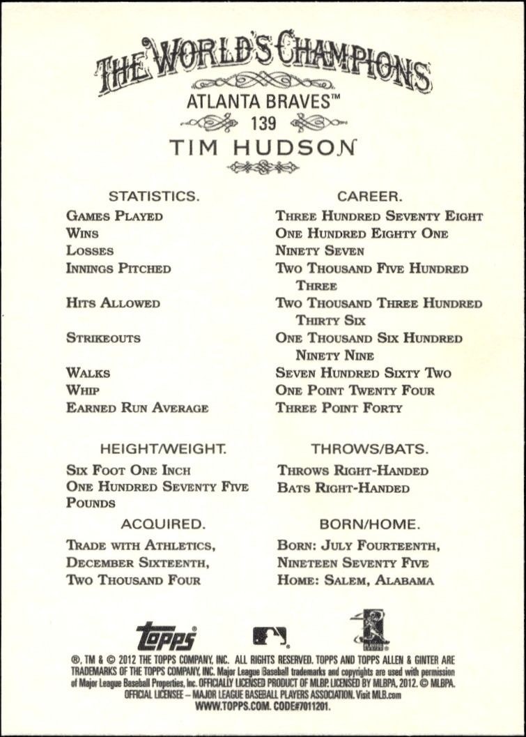 2012 Topps Allen & Ginter Tim Hudson #139 baseball trading card back