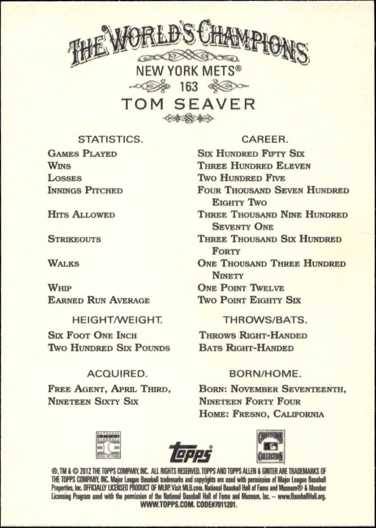 2012 Topps Allen & Ginter Tom Seaver #163 baseball trading card back