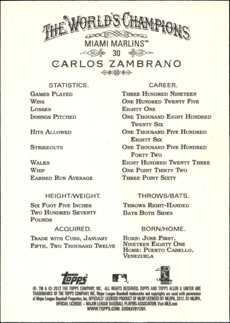 2012 Topps Allen & Ginter Carlos Zambrano #30 baseball trading card back