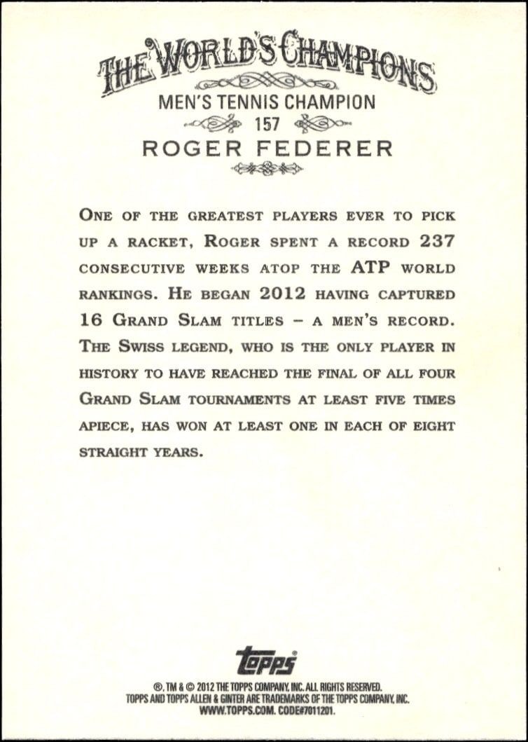 2012 Topps Allen & Ginter Roger Federer #157 baseball trading card back