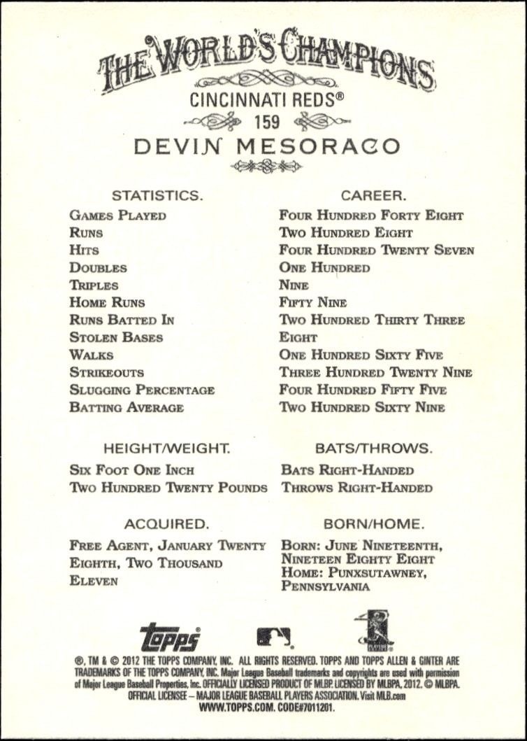 2012 Topps Allen & Ginter Devin Mesoraco #159 baseball trading card back