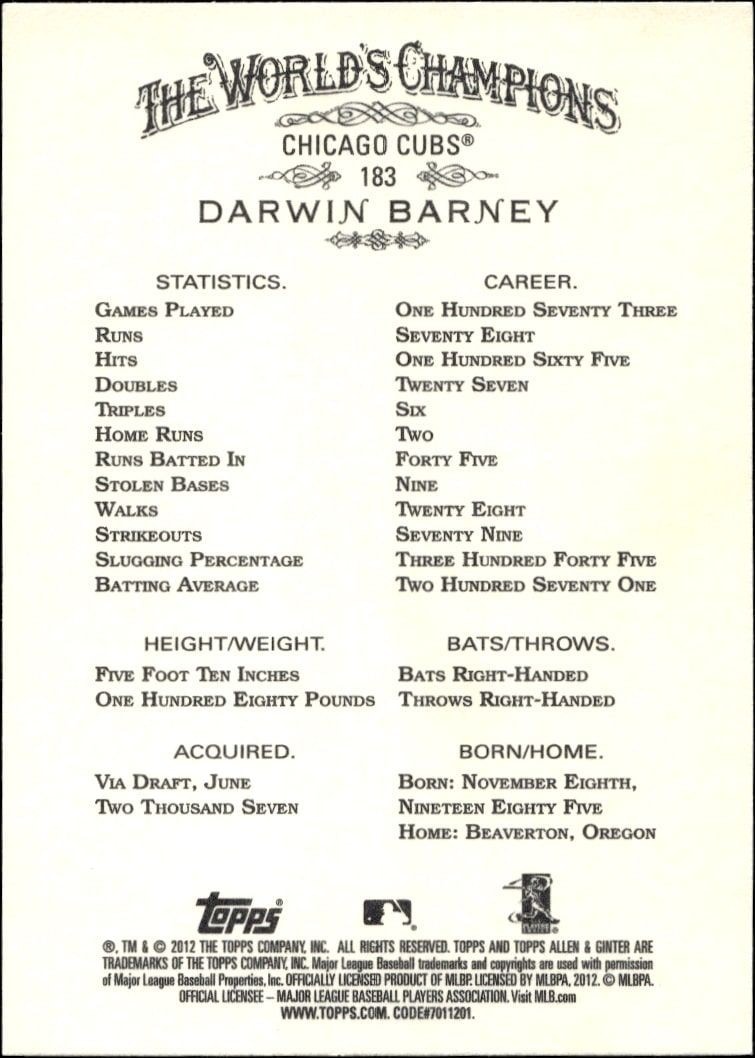 2012 Topps Allen & Ginter Darwin Barney #183 baseball trading card back