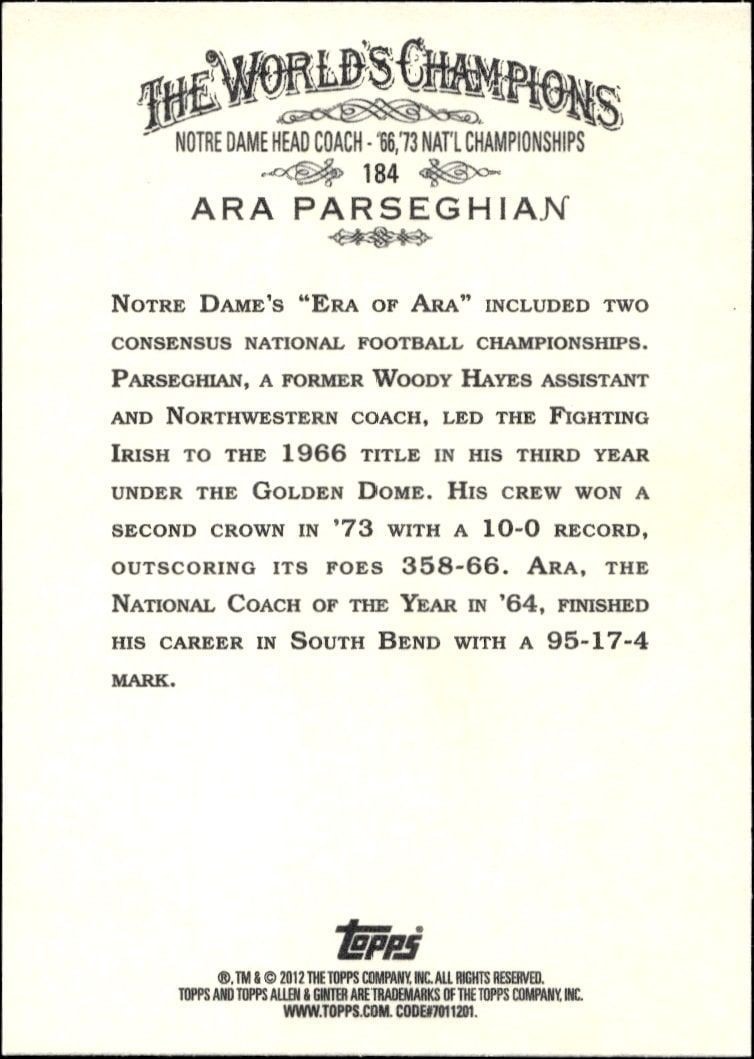 2012 Topps Allen & Ginter Ara Parseghian #184 baseball trading card back