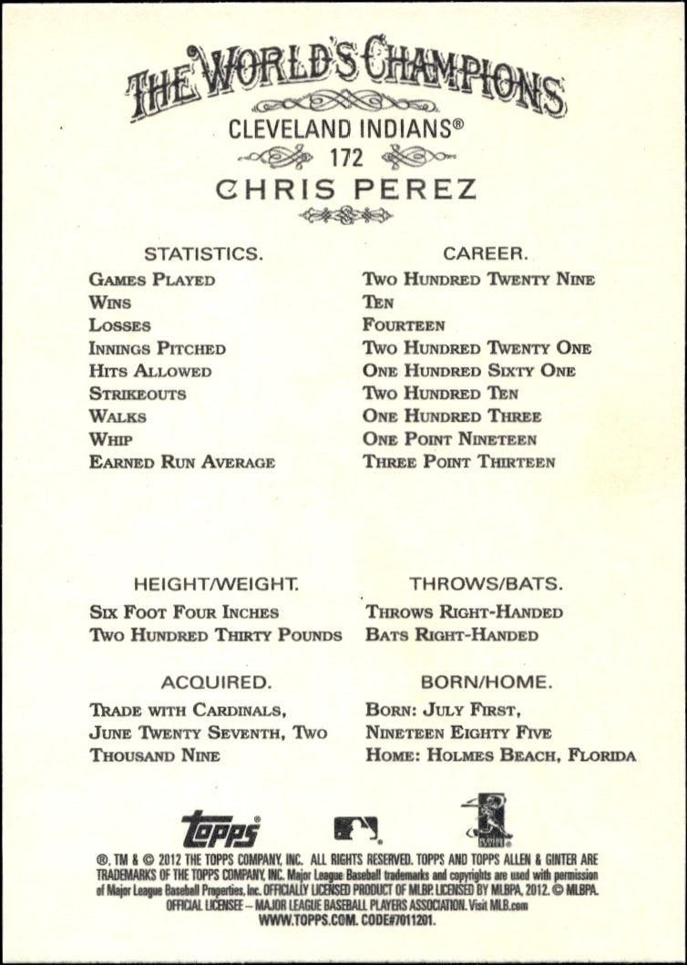 2012 Topps Allen & Ginter Chris Perez #172 baseball trading card back