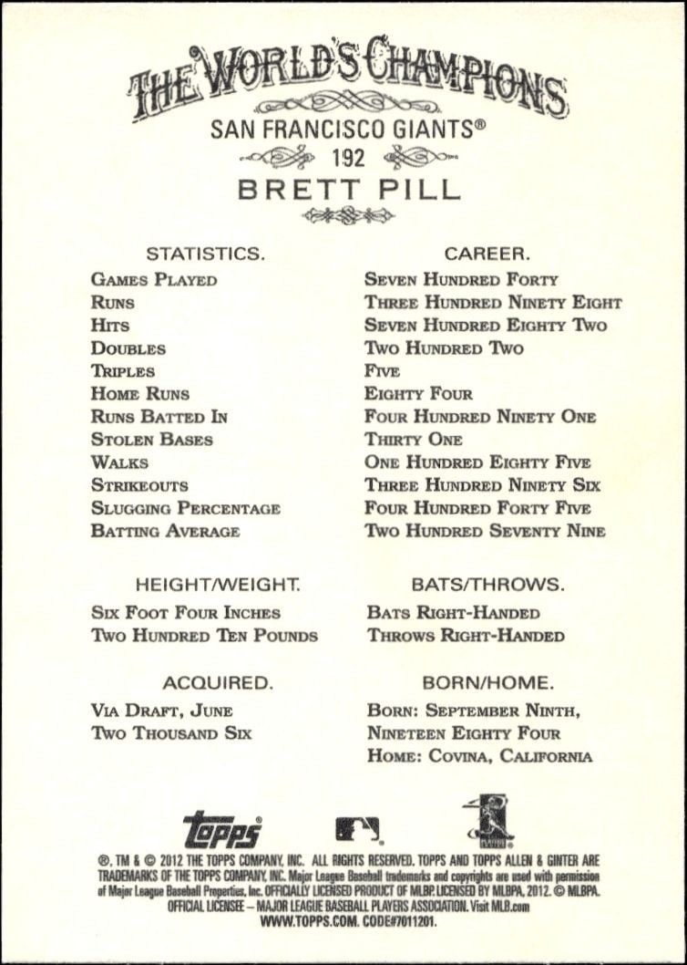 2012 Topps Allen & Ginter Brett Pill #192 baseball trading card back