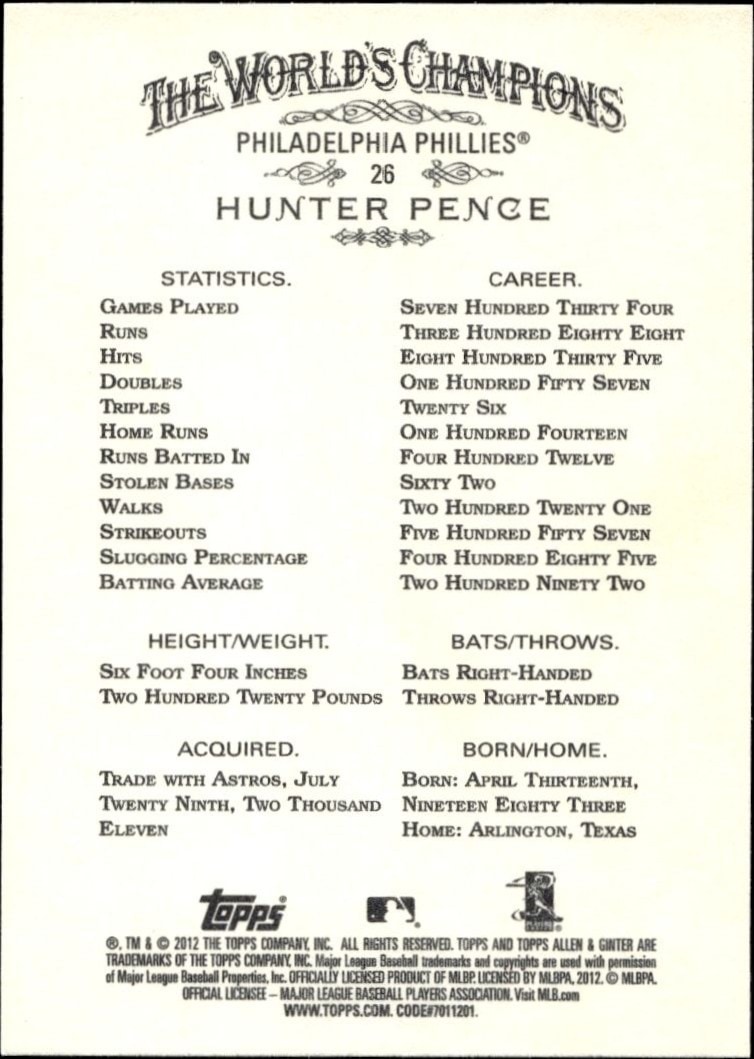 2012 Topps Allen & Ginter Hunter Pence #26 baseball trading card back