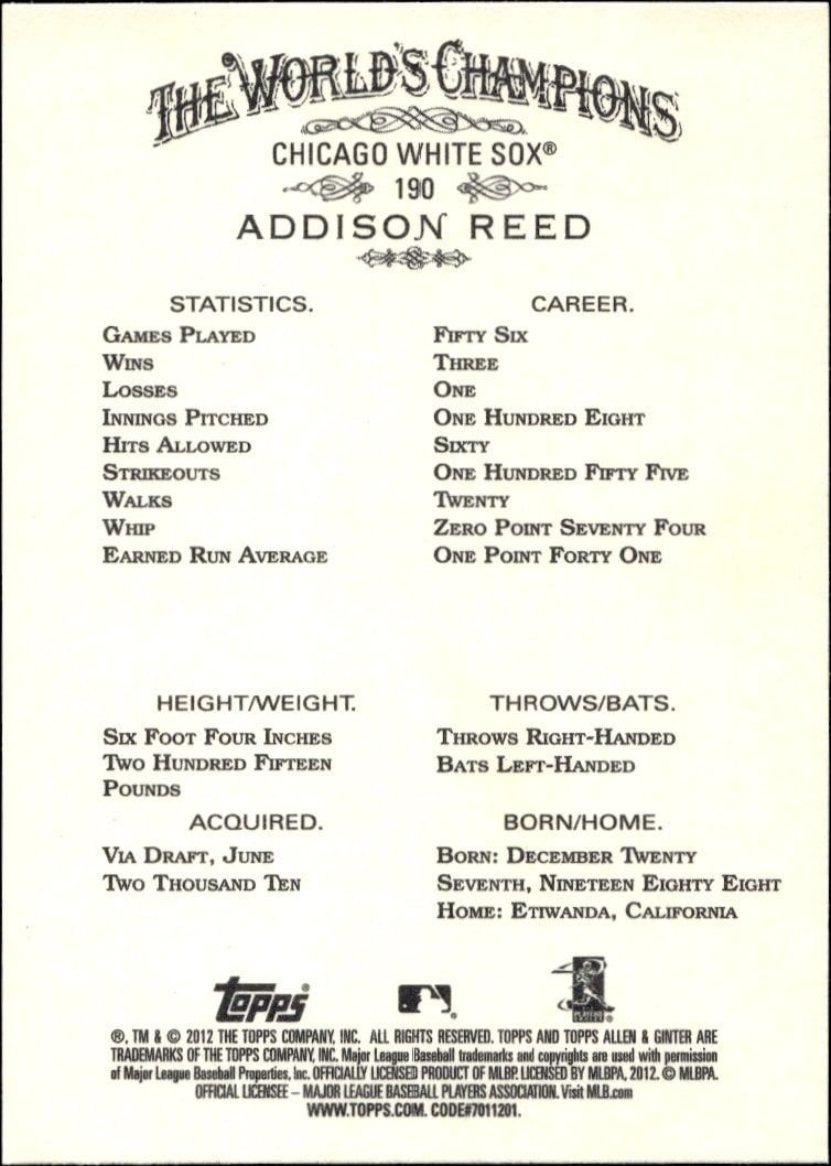 2012 Topps Allen & Ginter Addison Reed #190 baseball trading card back