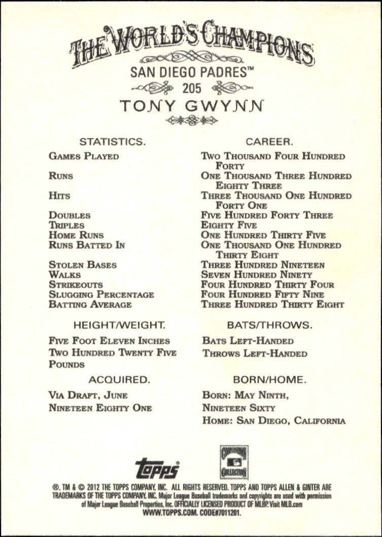 2012 Topps Allen & Ginter Tony Gwynn #205 baseball trading card back