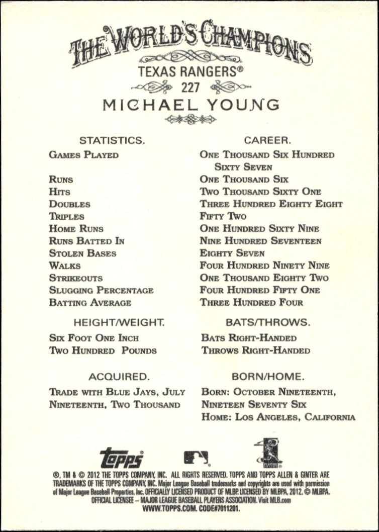 2012 Topps Allen & Ginter Michael Young #227 baseball trading card back