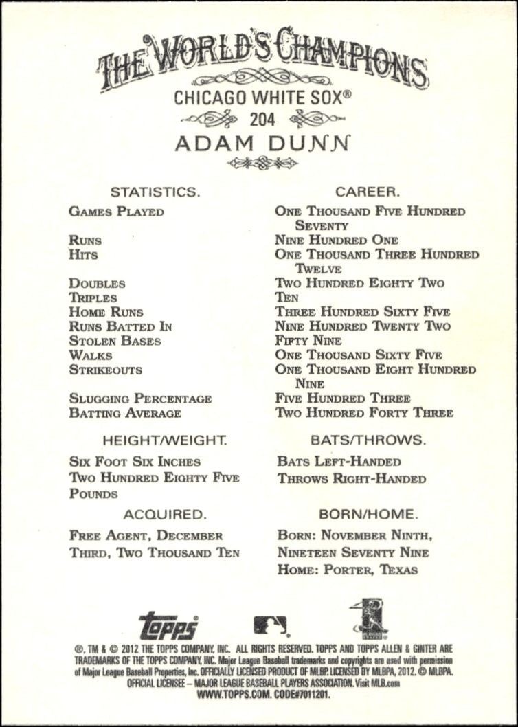 2012 Topps Allen & Ginter Adam Dunn #204 baseball trading card back