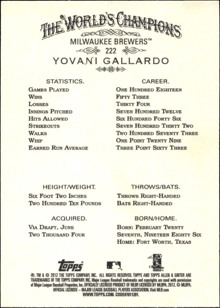 2012 Topps Allen & Ginter Yovani Gallardo #222 baseball trading card back