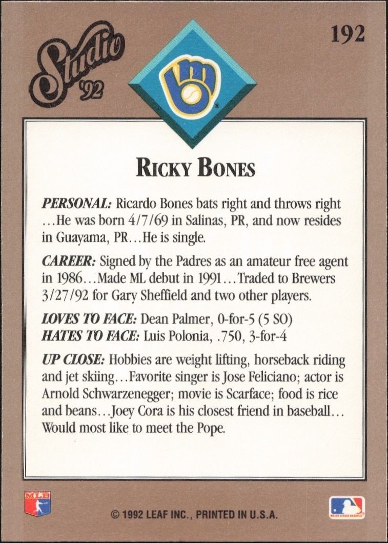 1992 Leaf Studio Ricky Bones #192 baseball trading card back