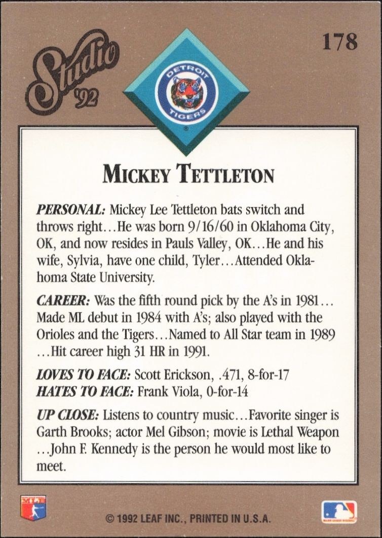 1992 Leaf Studio Mickey Tettleton #178 baseball trading card back