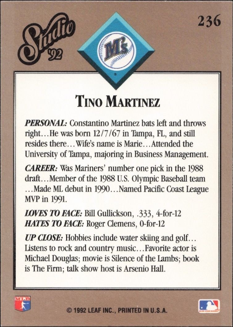 1992 Leaf Studio Tino Martinez #236 baseball trading card back
