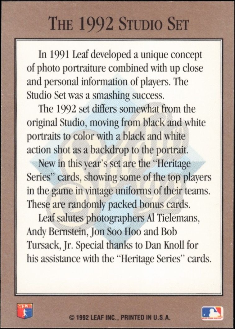 1992 Leaf Studio Header Card #NNO baseball trading card back