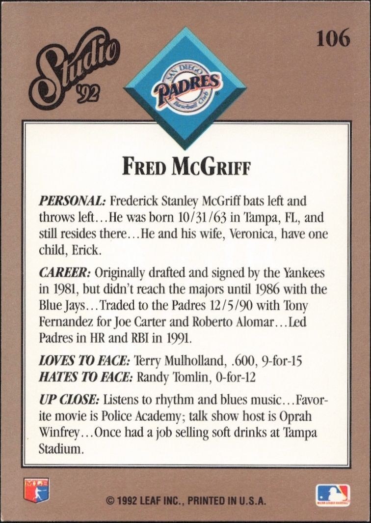 1992 Leaf Studio Fred McGriff #106 baseball trading card back