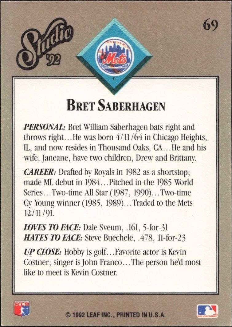 1992 Leaf Studio Bret Saberhagen #69 baseball trading card back