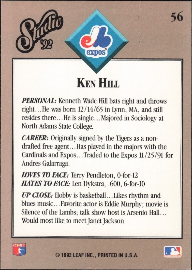 1992 Leaf Studio Ken Hill #56 baseball trading card back