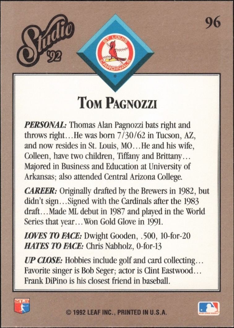 1992 Leaf Studio Tom Pagnozzi #96 baseball trading card back