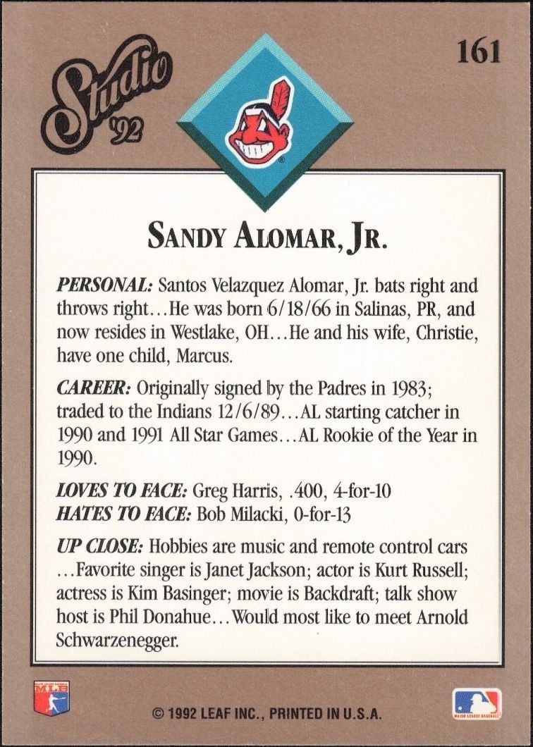 1992 Leaf Studio Sandy Alomar, Jr. #161 baseball trading card back