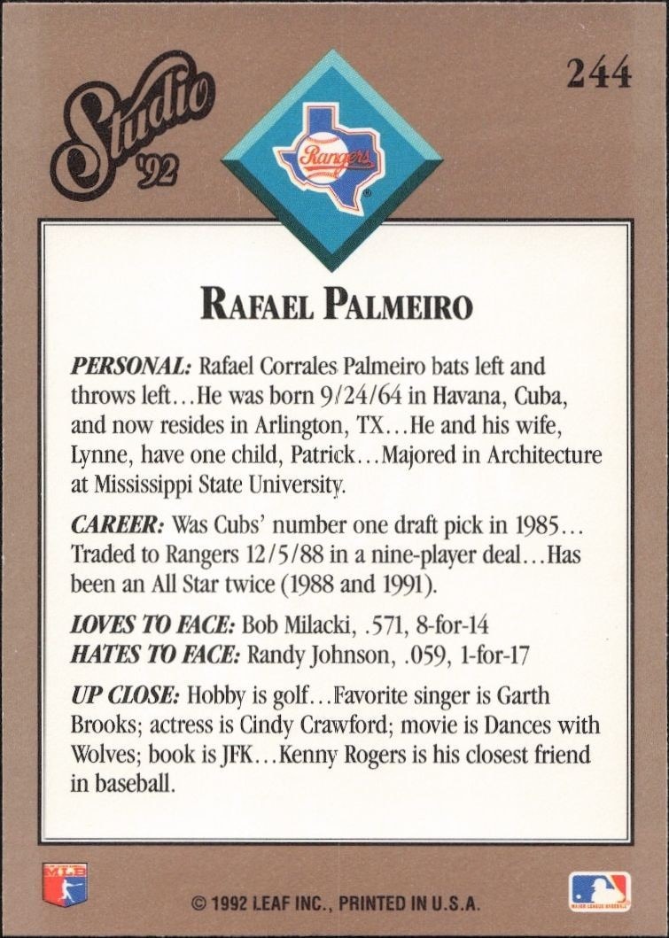 1992 Leaf Studio Rafael Palmeiro #244 baseball trading card back