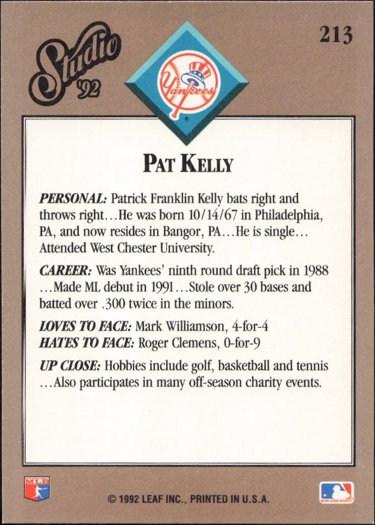 1992 Leaf Studio Pat Kelly #213 baseball trading card back