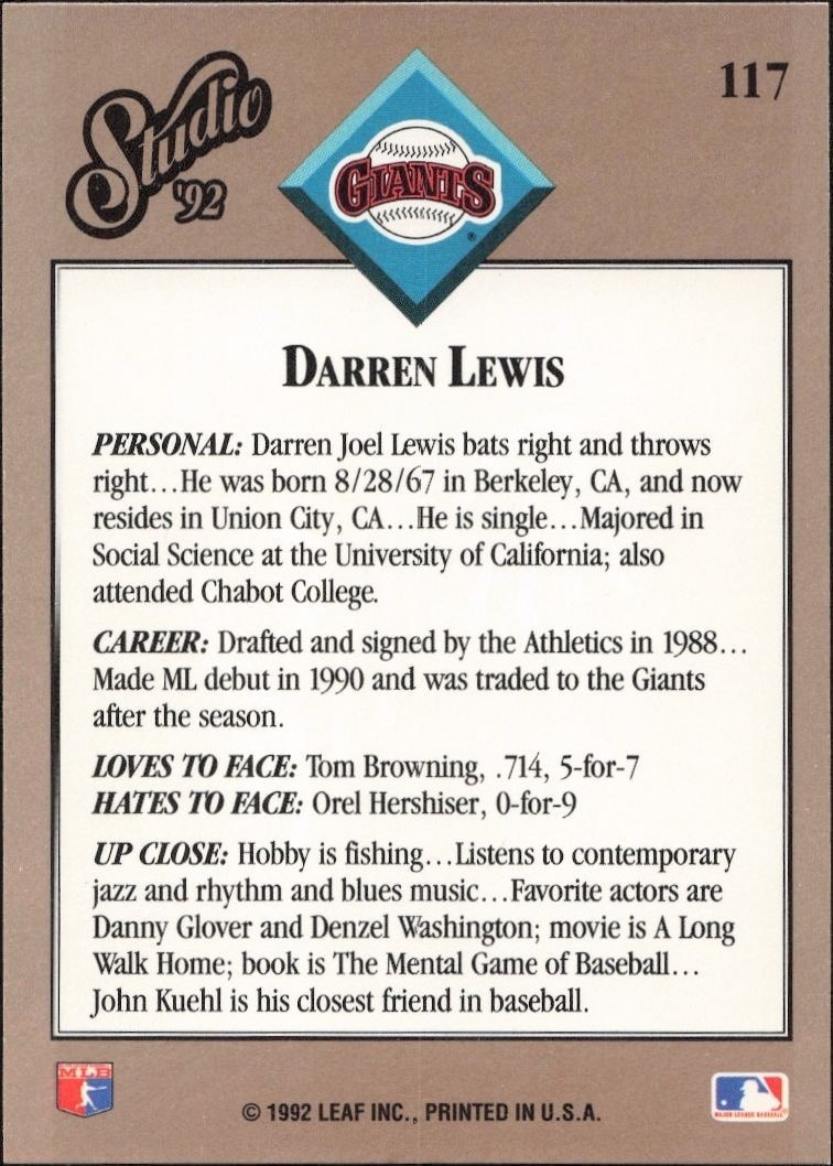 1992 Leaf Studio Darren Lewis #117 baseball trading card back