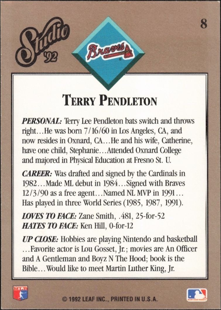 1992 Leaf Studio Studio Terry Pendleton #8 baseball trading card back