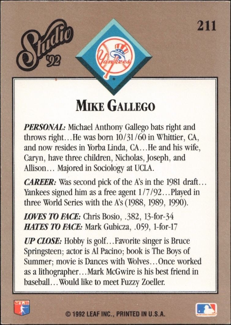 1992 Leaf Studio Mike Gallego #211 baseball trading card back