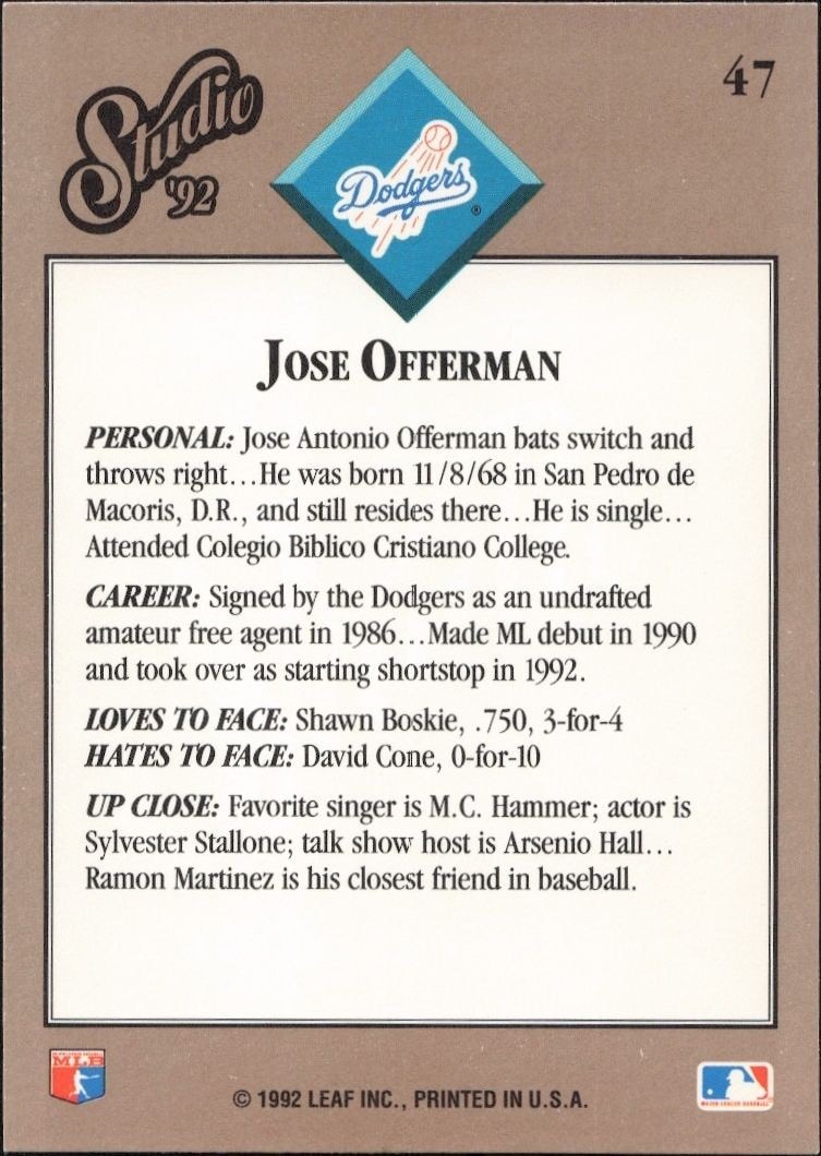 1992 Leaf Studio Jose Offerman #47 baseball trading card back