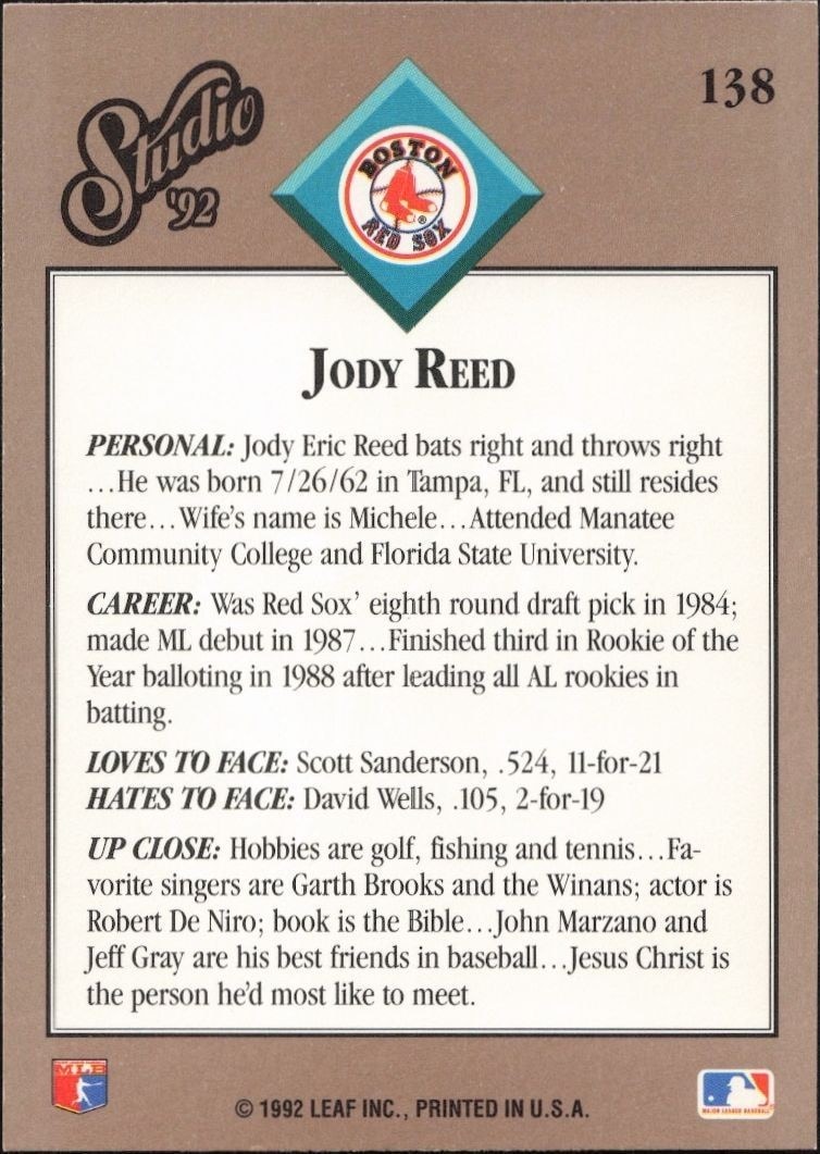 1992 Leaf Studio Jody Reed #138 baseball trading card back