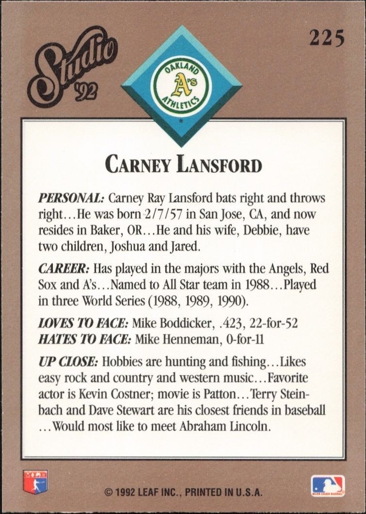 1992 Leaf Studio Carney Lansford #225 baseball trading card back