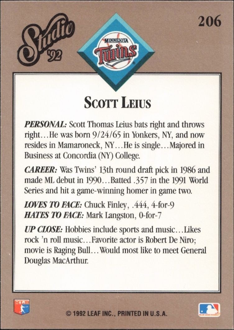 1992 Leaf Studio Scott Leius #206 baseball trading card back