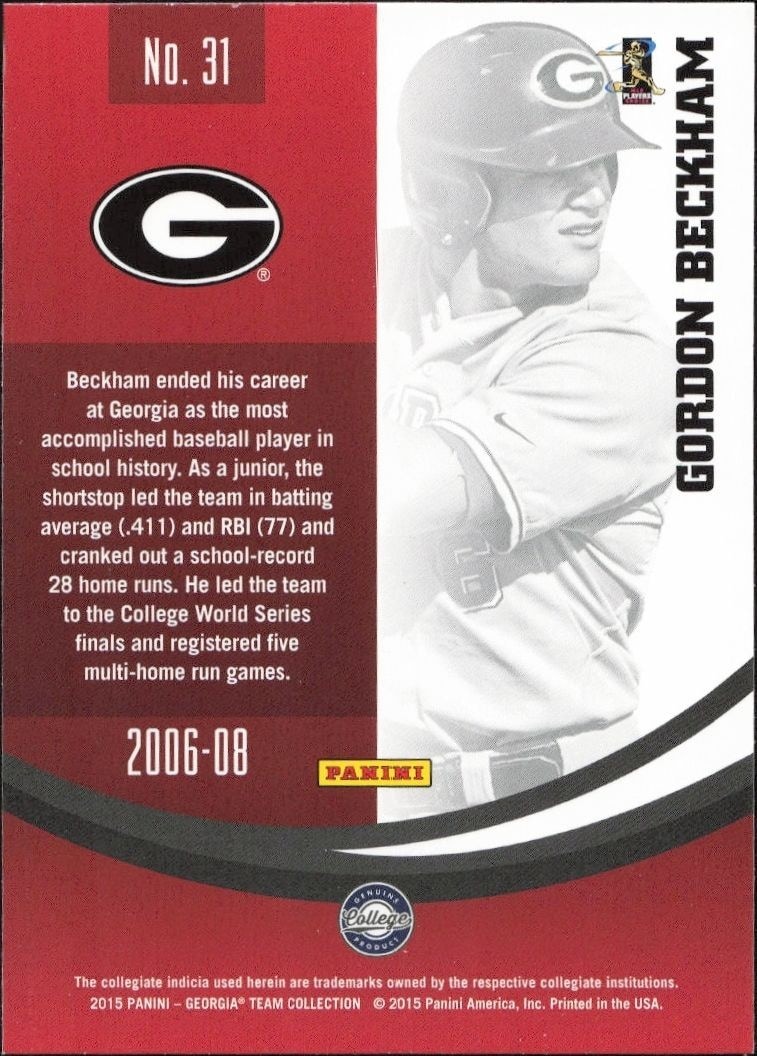 2015 Panini Georgia Bulldogs Gordon Beckham #31 baseball trading card back