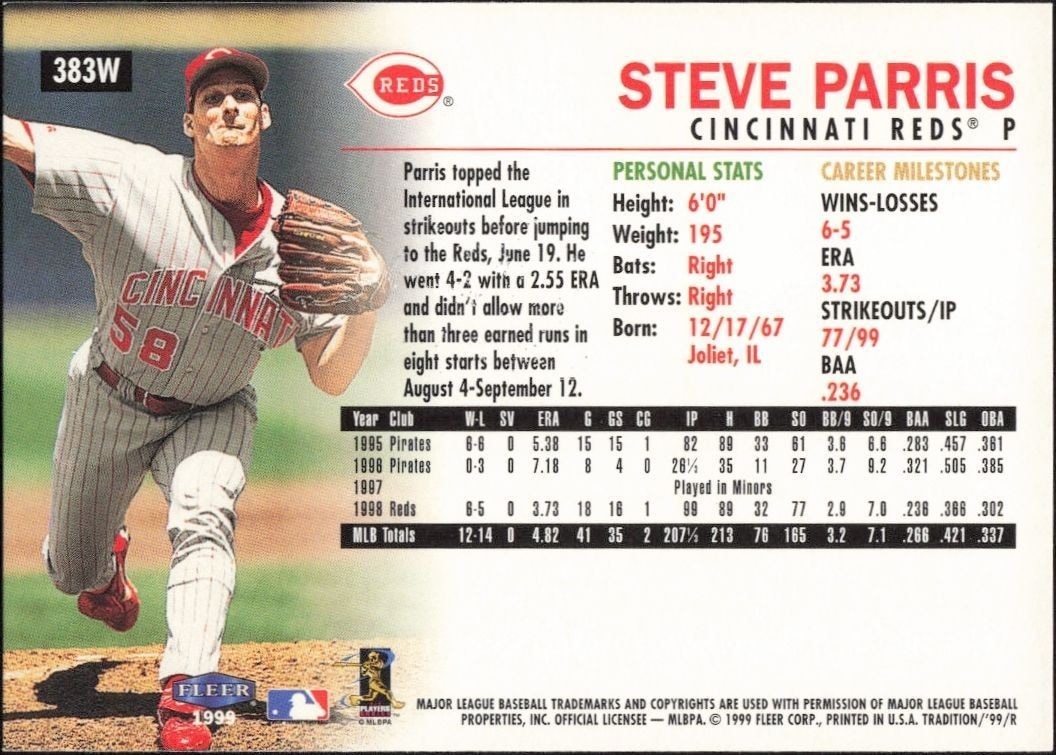 1999 Fleer Steve Parris #383W baseball trading card back