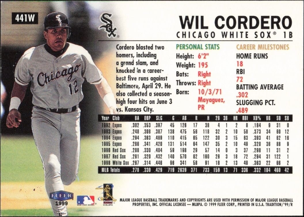 1999 Fleer Wil Cordero #441W baseball trading card back