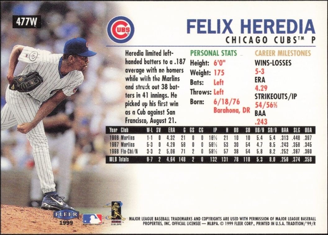 1999 Fleer Felix Heredia #477W baseball trading card back